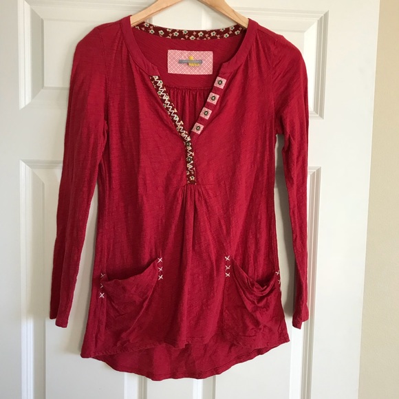 Anthropologie Tops - Anthropologie Red Tunic Little Yellow Button